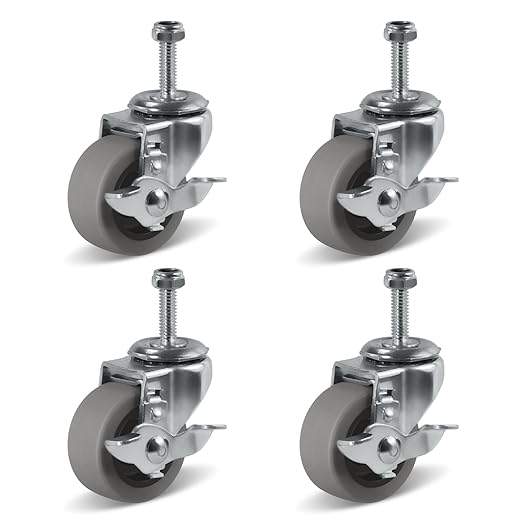 Light Duty Rubber Swivel & Brake Threaded Stem & Plate Casters Set of 4, 5/16''-18 x 1"