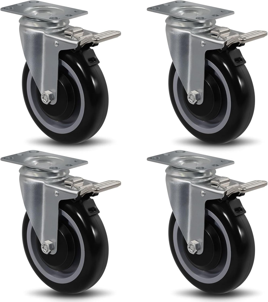 5"x 1-1/4" Polyurethane Caster with Total Lock Brake (Set of 4)