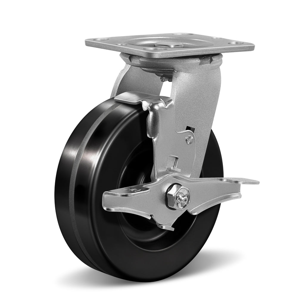 Heavy Duty Industrial Casters, Swivel w/Top Lock Brake, Black Non-Marking Phenolic Wheel, Load Capacity 800 lbs